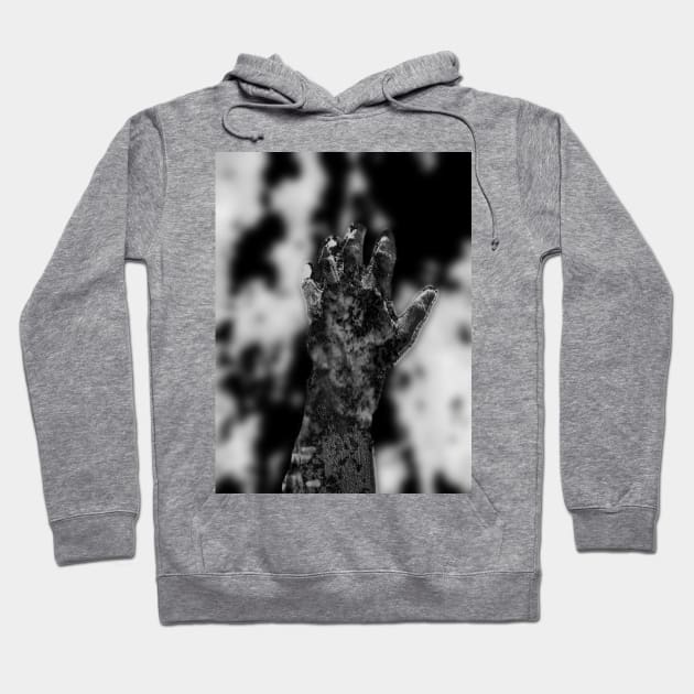 Digital collage and special processing. Psychedelic. Hand reaching on top of some bizarre surface. Grayscale, very beautiful. Hoodie by 234TeeUser234